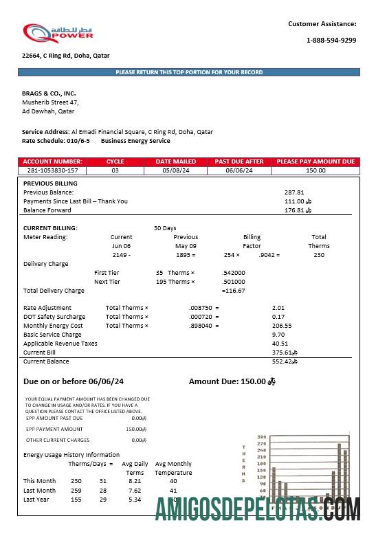 Para baixar modelo de fatura de serviços públicos de eletricidade da Qatar Power Company em formatos Word e PDF